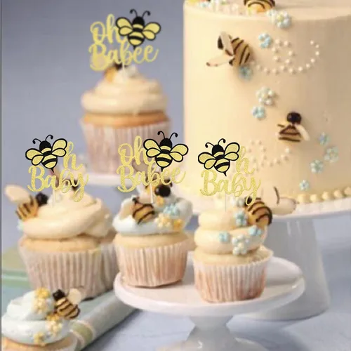 Miniatura 4 de Rsstarxi Paquete de 36 adornos para cupcakes Bee Oh Babee con purpurina Bumble Bee Oh Baby para cupcakes, decoración de pasteles de baby shower
