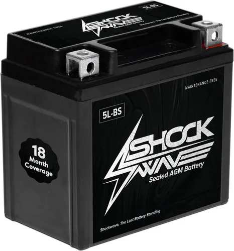 SHOCKWAVE Batería AGM YTX5L-BS 12V 4AH 70CCA – Energía libre de mantenimiento – Compatible con Honda CRF50, Yamaha TTR110, Kawasaki KLX110, TaoTao
