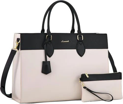 Miniatura 13 de LOVEVOOK Bolsa para laptop para mujer, bolsa de trabajo para laptop de 15.6 pulgadas, maletín grande de cuero impermeable para oficina, beige y negro