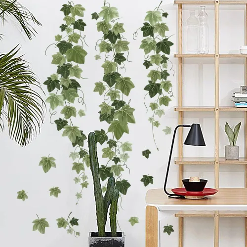 Miniatura 3 de Runtoo Calcomanías de pared colgantes de vid, hojas de hiedra verde, calcomanías de pared para dormitorio, sala de estar, decoración artística