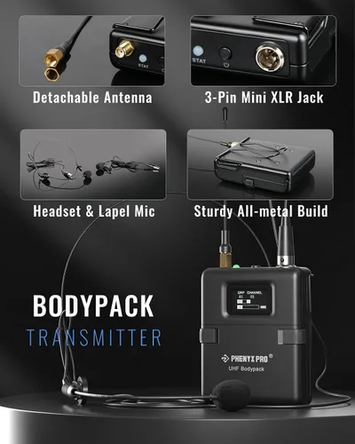 Miniatura 6 de Phenyx Pro Sistema de micrófono inalámbrico, set de micrófonos inalámbricos dual True Diversity con micrófonos de mano/bodypack/auricular/solapa