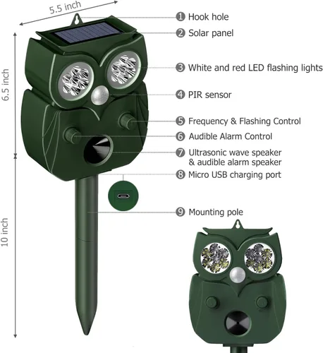 Miniatura 7 de Repelente de animales para exteriores, alimentado por energía solar, ultrasónico, ciervo, ardilla, conejo, roedor, disuasorio de perros, repelente