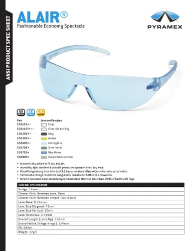 Miniatura 5 de Pyramex Alair - Lentes de seguridad para interiores y exteriores, marco de espejo para interiores y exteriores, ANSI Z87+ Marco y lentes azul