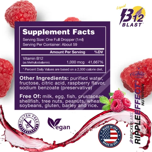 Miniatura 5 de Bricker Labs B12 Blast Metilcobalamina 1000mcg, vitaminas energéticas líquidas sublinguales de gran sabor - Vitaminas B12 veganas, energía sostenida