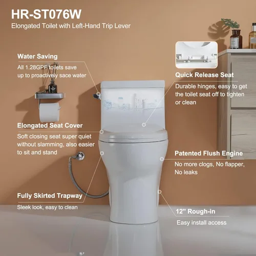 Miniatura 3 de HOROW HR-ST076W - Inodoro alargado con palanca de viaje a la izquierda, inodoro de una pieza para baño, asiento de cierre suave incluido, descarga