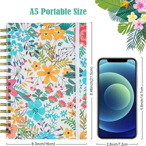 Miniatura 5 de Cuaderno de espiral, diario rayado A5 para mujer, diario en espiral de tapa dura con 2 bolsillos, cuadernos con rayas universitarias, lindo cuaderno