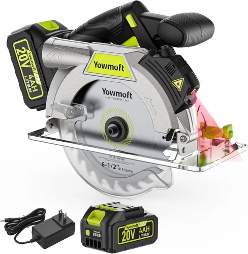 Sierra circular inalámbrica de 20 V con hoja de 6-1/2 pulgadas, sierra circular de batería sin escobillas de 5600 rpm con luz LED y guía de haz rojo
