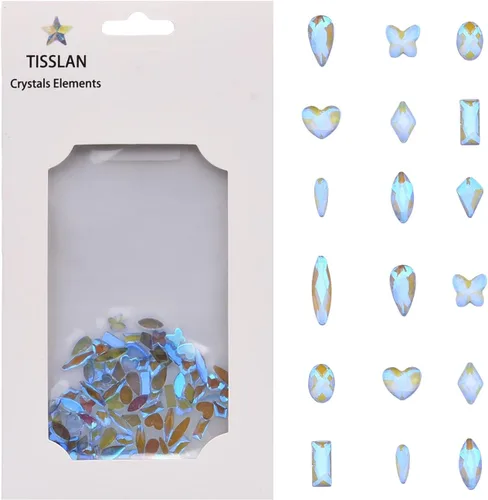 100 diamantes de imitación para arte de uñas, color azul aurora, 10 formas, pequeñas piedras planas con parte trasera plana, mezcla de corazón y