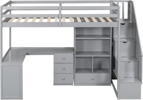 Miniatura 5 de Cama tipo loft de tamaño individual con escritorio en forma de L y 3 cajones, marco de cama de madera con escalera y armario de almacenamiento
