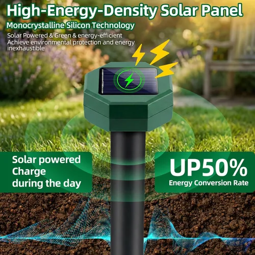 Miniatura 3 de Paquete de 8 repelentes de topos alimentado por energía solar, disuasorio ultrasónico para exteriores, pinchos sónicos para control de campañol
