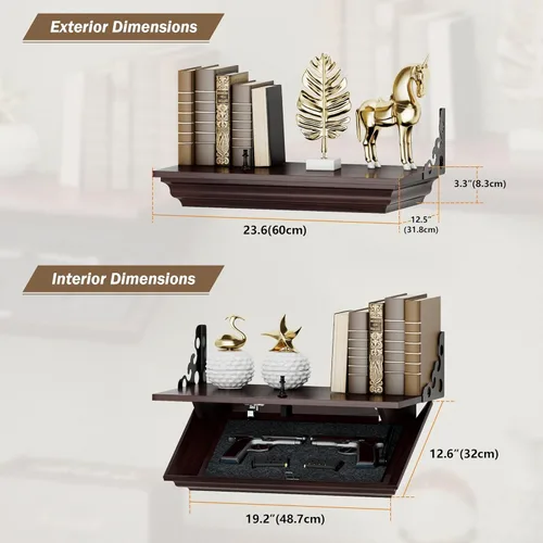 Miniatura 3 de HNEBC Estante compacto de madera maciza de 24 pulgadas para pistola con compartimento oculto, estante flotante de montaje en pared para decoración