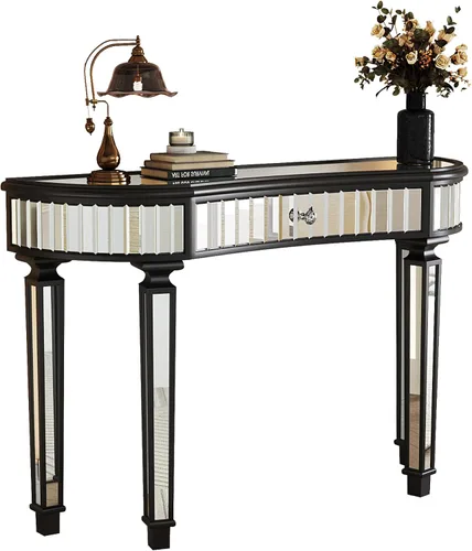 Miniatura 8 de Mesa consola de media luna de 47 pulgadas con cajón de cristal estriado y perilla de cristal, escritorio plateado para entrada, dormitorio, vestidor