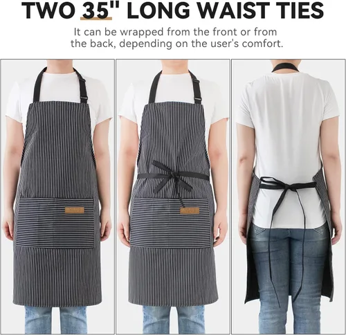 Miniatura 5 de NLUS Paquete de 2 delantales de cocina ajustables con babero, delantal de chef suave con 2 bolsillos para hombres y mujeres (rayas negras)