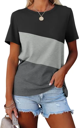 ORANDESIGNE - Camisetas de manga corta con diseño de bloques de color para mujer, estilo informal y cuello redondo, camisetas básicas de verano de