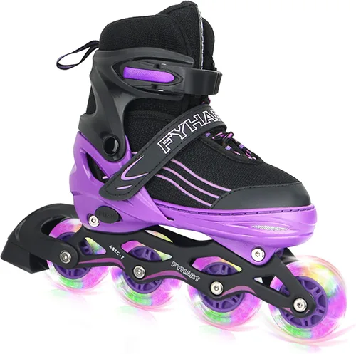 Patines en línea ajustables para niños, niñas y niños, color morado y negro, todas las ruedas iluminan patines para niños principiantes al aire