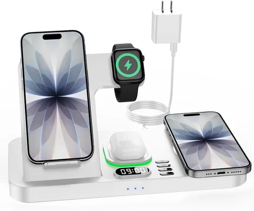 Miniatura 10 de Estación de carga inalámbrica de teléfono doble para dispositivos Apple, estación de carga magnética para iPhone con interruptor automático de luz