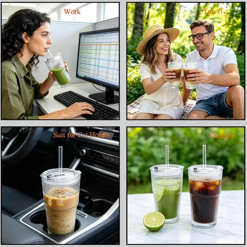 Miniatura 9 de Vaso de vidrio acanalado de 20 onzas, tazas de café helado con tapas y pajitas, vaso grueso reutilizable para llevar, ideal para café, batidos