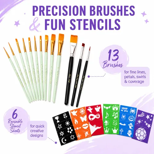 Miniatura 4 de SPRINGSKY Kit de pintura facial de 39 colores: kit profesional de pintura facial con 6 plantillas y 13 pinceles, kit de maquillaje de pintura facial