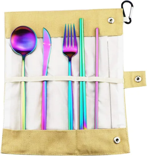 Miniatura 11 de Utensilios de viaje reutilizables, 7 piezas portátiles de acero inoxidable 304, incluyendo cuchillo, tenedor, cuchara, palillos, cepillo