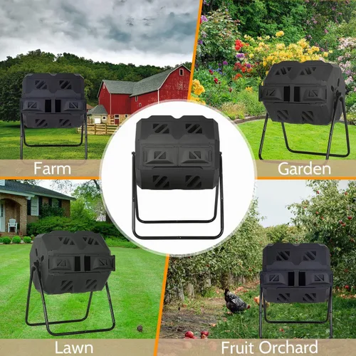 Miniatura 5 de Compostador de doble cámara para exteriores, cubo de compost de 43 galones, cubo de basura de compostaje de 360°, compostador sin BPA, giratorio
