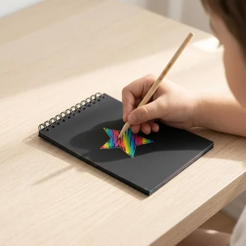 Miniatura 7 de Suwimut Paquete de 24 cuadernos de papel para rascar para niños, cuadernos para colorear negros con 24 lápices ópticos de madera y 4 plantillas
