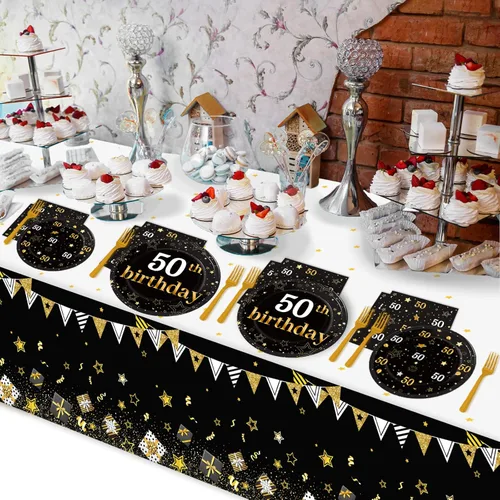 Miniatura 5 de Suministros para fiesta de cumpleaños de 50 años, platos, servilletas, manteles para hombres de 50 años, decoraciones de cumpleaños de 50 años