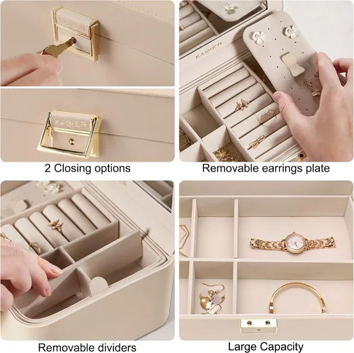 Miniatura 5 de Joyero mejorado, organizador de joyas de piel sintética de 2 capas para mujer con cerradura y espejo, gancho oculto para collar y divisor extraíble
