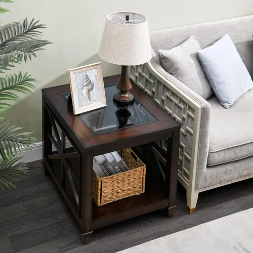 Miniatura 2 de LEEMTORIG Mesa auxiliar de vidrio de madera maciza para sala de estar, moderna mesa auxiliar grande de granja con almacenamiento, mesa auxiliar