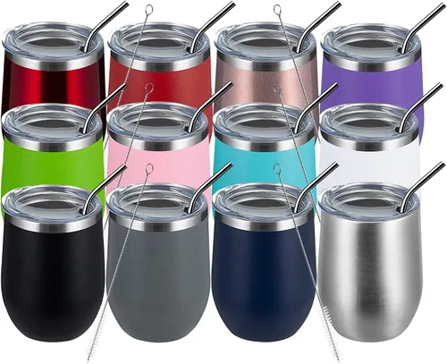 Miniatura 34 de MEWAY Vaso de vino sin tallo de 12 onzas con tapa, vaso de viaje de acero inoxidable con aislamiento de doble pared al vacío con popote, para Negro