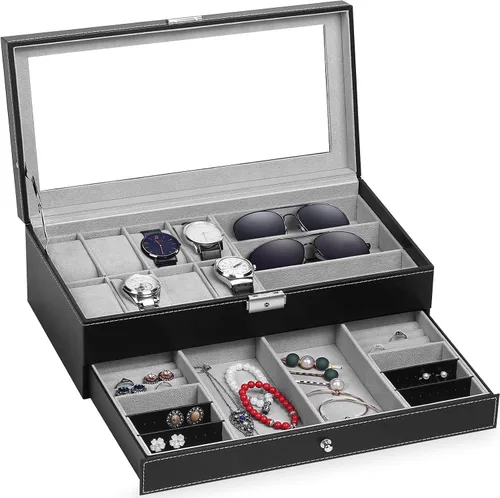 TomCare Caja de reloj mejorada para reloj organizador de joyas caja de exhibición de joyas cajón de gafas de sol organizador de almacenamiento de