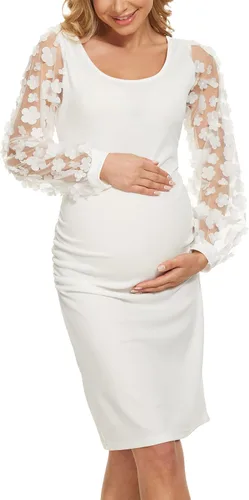 Vestido de maternidad con mangas de obispo de malla floral fruncido lateral elegante vestido midi ajustado para baby shower sesión de fotos casual