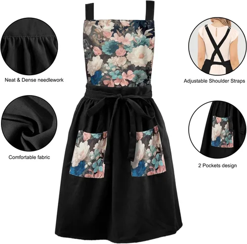 Miniatura 7 de Delantal Vintage Lindo para Mujer con Bolsillos, Delantal con Espalda Cruzada para Cocinar, Hornear, Cocina, Jardinería Negro