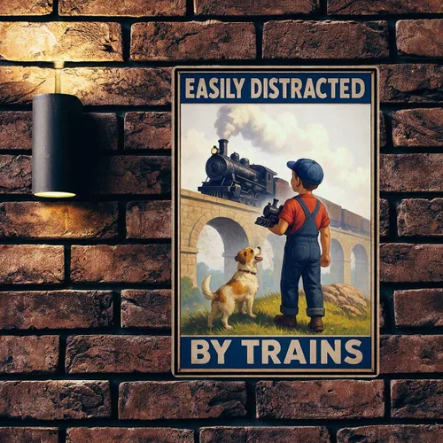 Miniatura 3 de Letrero de hojalata fácilmente distraído por trenes – Decoración de tren para habitación de niños y hombres – Regalos de tren para papá