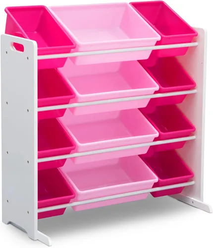 Delta Children Organizador de almacenamiento de juguetes para niños con 12 contenedores de plástico, certificado Greenguard Gold, blanco/rosa