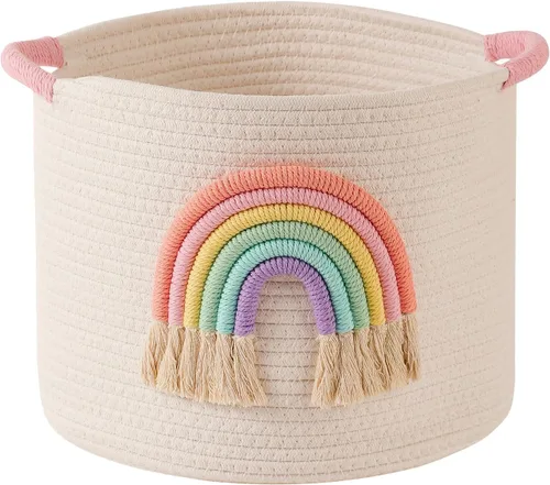 Miniatura 9 de Cestas de almacenamiento de juguetes cesta de almacenamiento de cuerda de algodón tejida con decoración de arco iris para niños, cestas de manta