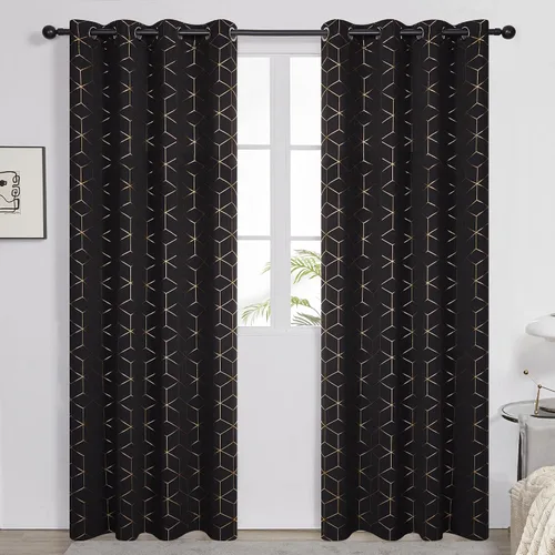 Miniatura 2 de Deconovo Cortinas opacas, aislamiento térmico y reducción de ruido, estampado de lámina de diamante – ojales en la parte superior, 2 paneles, Negro