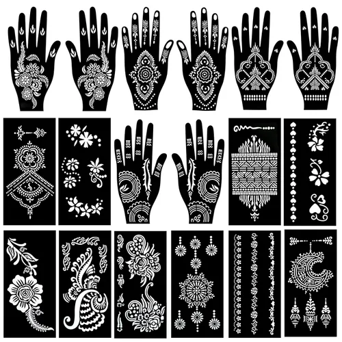 Miniatura 4 de 18 hojas de plantillas de henna para manos - plantillas temporales de tatuaje indias y árabes para arte en manos y cuerpo