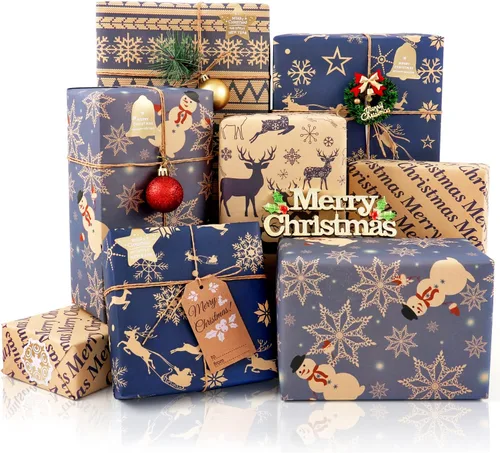 Hojas de papel de regalo de Navidad, papel de regalo Kraft reciclado azul marino y marrón con etiquetas y pegatinas, papel de regalo de 6 hojas para