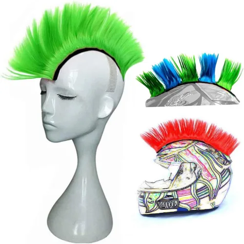 Miniatura 12 de Cresta estilo mohicano con adhesivo para casco de motocicleta, bicicleta, esquí, snowboard. Incluye peluca estilo mohicano para trajes de skinhead