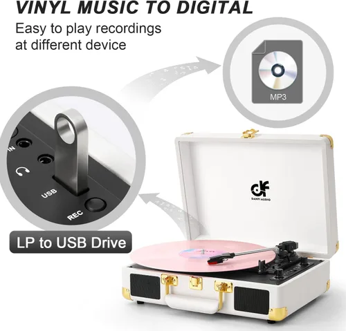 Miniatura 5 de Tocadiscos con entrada Bluetooth y grabación USB, altavoces estéreo integrados, reproductor de vinilo portátil de maleta de 3 velocidades