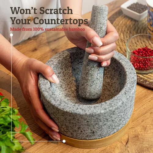 Miniatura 4 de PriorityChef Juego de Mortero y Mano de Mortero Resistente con Base de Bambú, Molinillo de Piedra de Granito 100% Natural, Tazón y Machacador de Gris