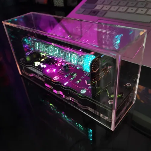 Miniatura 7 de Reloj de tubo de imitación Nixie Reloj de tubo fluorescente Cyberpunk Adornos IV18 Reloj de tubo fluorescente puede mostrar la fecha, hora, clima