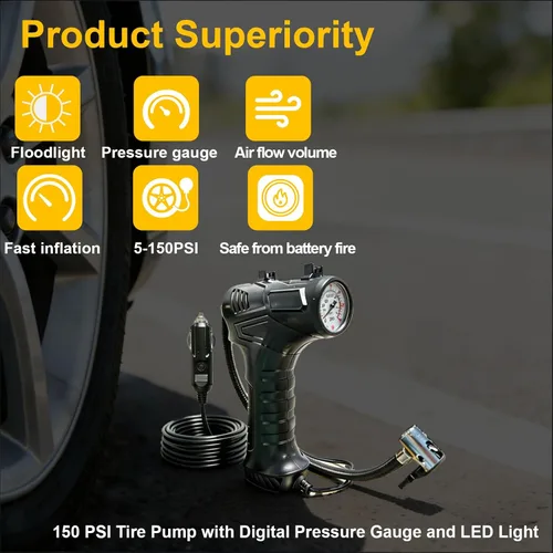 Miniatura 4 de Compresor de aire portátil, inflador de neumáticos de 12V DC Medidor de presión digital, 150 PSI, luz LED, coche, motocicleta, bicicleta, anillo