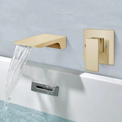 Aolemi Grifo de baño de montaje en pared, relleno de bañera de cascada, grifo de fregadero montado en la pared de una sola manija con válvula, oro