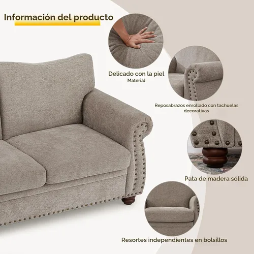 Miniatura 3 de ONBRILL Sofá con Tachuelas, sofá pequeño de 66 pulgadas con brazos redondeados, sofá biplaza de tela de felpilla con cojín de asiento con resortes
