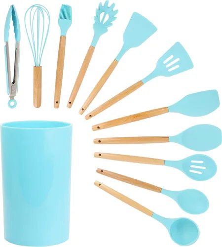 MegaChef Tool - Juego de utensilios de cocina de madera, 12 piezas, verde azulado claro y textura de madera Textura verde azulado claro y madera