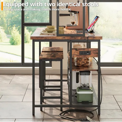 Miniatura 3 de IRONCK Isla de cocina con taburetes, estante para panadería con almacenamiento y toma de corriente, mesa de café industrial para cocina, comedor