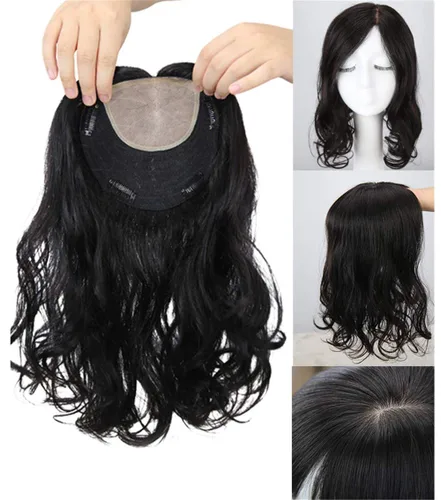 Toppers de cabello humano real con clip, piezas onduladas natura, 6.3 x 6 pulgadas, base de seda, peluca para la frente para mujeres con cabello