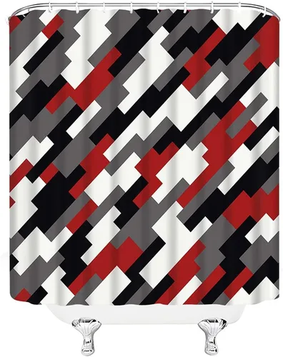 Miniatura 3 de Cortina de ducha geométrica, negro, gris, rojo, blanco, geometría abstracta, azulejos de moda, patrón sin costuras, tela de diseño moderno, juego