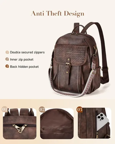Miniatura 3 de Missnine Mochila de cuero para mujer, mochila antirrobo, bolsa de hombro convertible con cremalleras seguras para viajes y trabajo, Café, Vintage